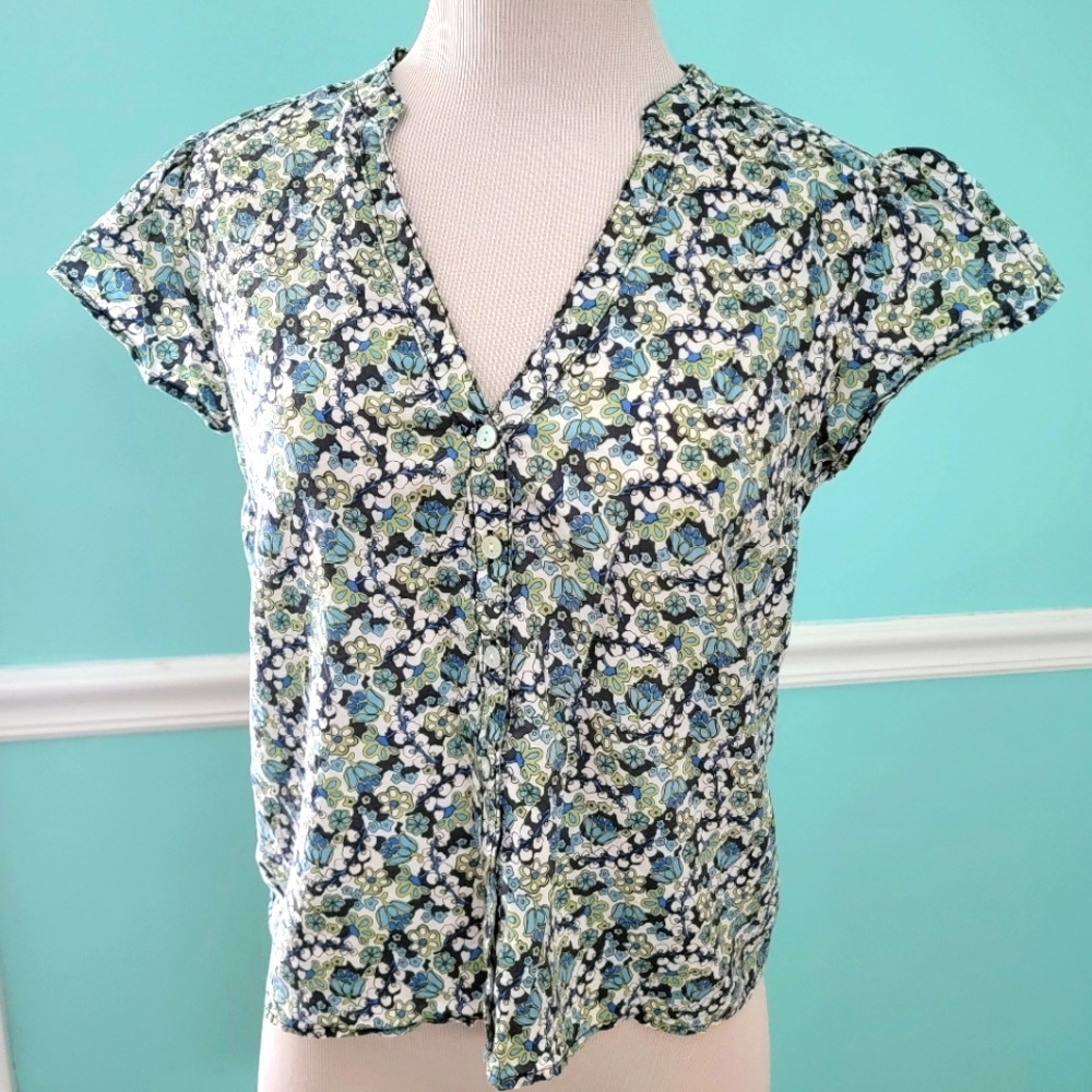 Marine Layer Floral Print Button-Front Blouse in Blue, Green, White
